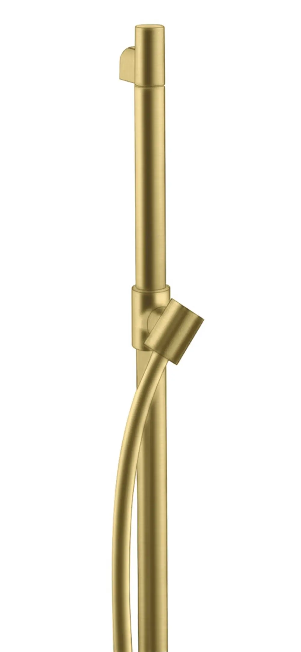 AXOR Brausestange in gebürstetem Messing mit angeschlossenem Brauseschlauch. Die Konstruktion bietet eine flexible Verbindung für die Dusche.